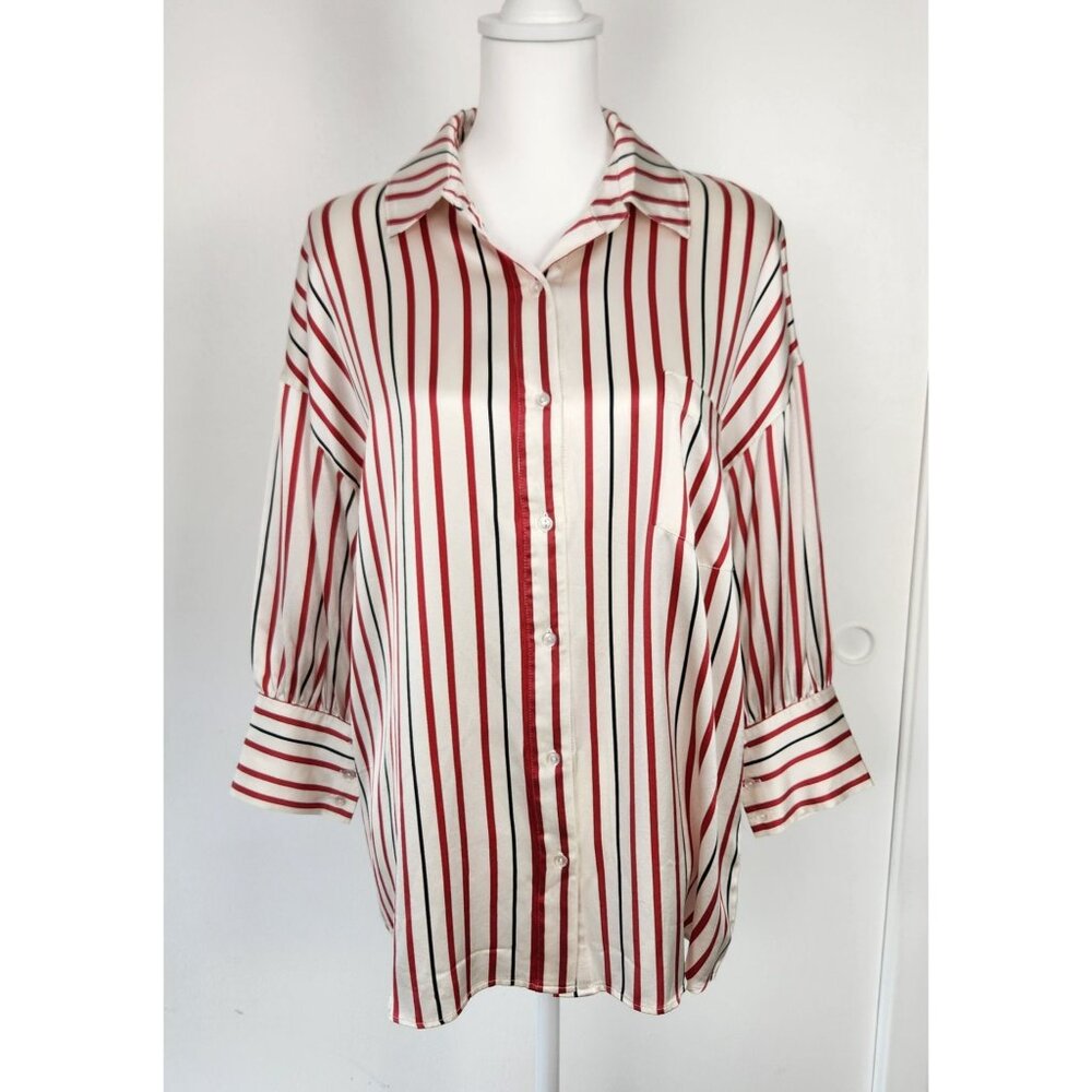 Anine Bing Mia 100% Silk Button Up Blouse Red Black & White Stripe, Small